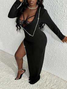 Slaydiva 優雅派對時尚透視花邊鑽石裝飾交叉肩帶高開岔配單扣長袖連衣褲套裝女款2件組合 - 黑色 - 查看 4