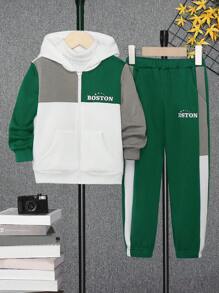 SHEIN Young Boy Letter Graphic Colorblock Hoodie & Sweatpants Without Sweatshirt - Dark Green - View 6