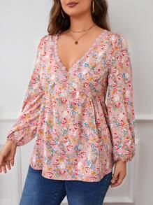 SHEIN Frenchy Hơn In hoa Đồ trang trí Lace hoa văn Tay áo lồng đèn Áo sơ mi - Hồng - Xem 4