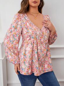 SHEIN Frenchy Hơn In hoa Đồ trang trí Lace hoa văn Tay áo lồng đèn Áo sơ mi - Hồng - Xem 5