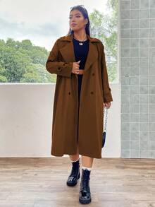 Flirla Hơn Cổ áo Đôi ngực Áo khoác Trench - màu nâu - Xem 3