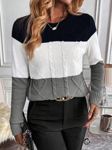EMERY ROSE Color Block Cable Knit Pullover Fall Winter Sweater - Multicolor - View 5