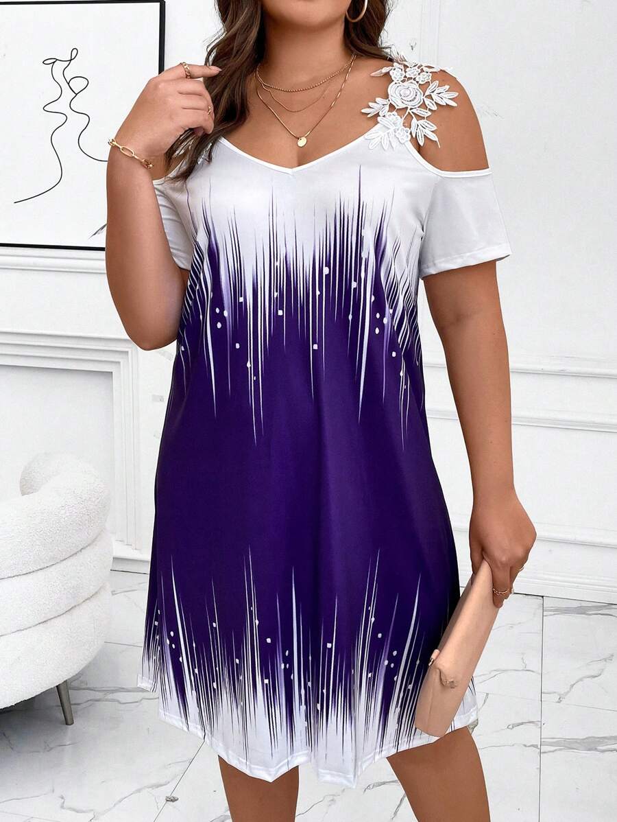 SHEIN Clasi Plus Summer 拼色露肩花边贴花连衣裙 - 紫色 - 查看 1