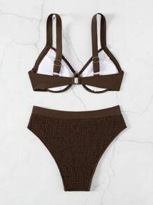 SHEIN Swim Women's Shirred Bra & Swim Bottom Bikini Set Bathing Suit For Summer Beach - Coffee Brown - View 2