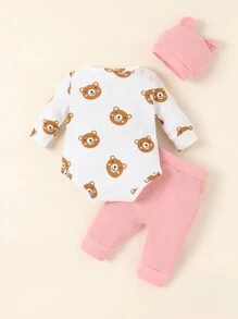 Baby Boy Newborn Baby Cartoon Graphic Bodysuit & Pants & Hat - Pink - View 2