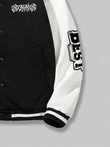 ROMWE MEN Street Life Hombre Chaqueta Universitaria Con Hombro Bajo, Gráfico De Carta, Ribete De Rayas - Blanco y Negro - Ver 4