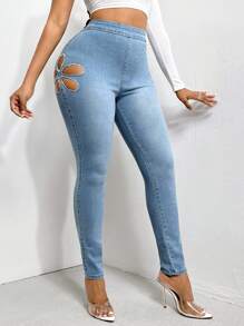 SHEIN Unity Cut Out Side Skinny Jeans - Silver - View 1