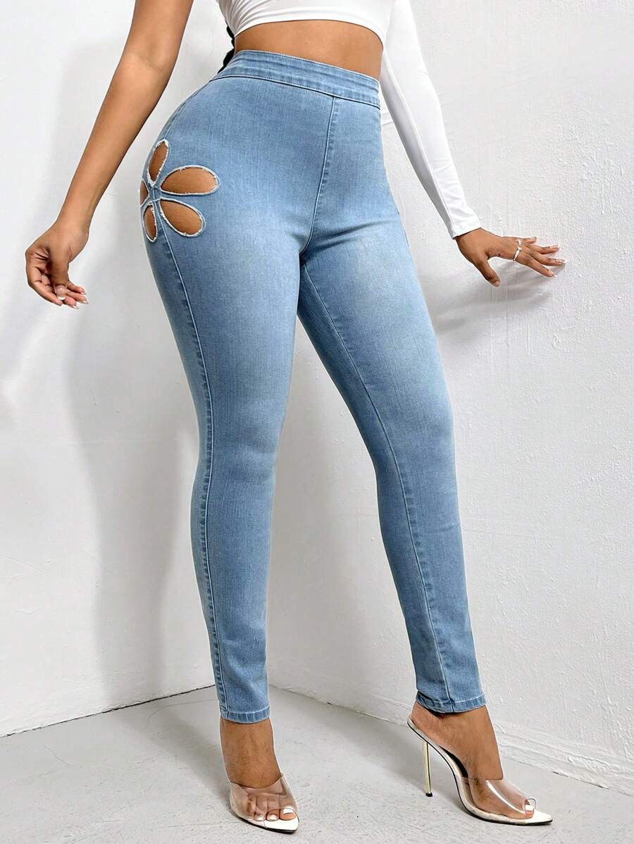 SHEIN Unity Cut Out Side Skinny Jeans - Silver - View 1