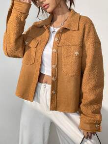SHEIN EZwear 翻蓋口袋落肩袖毛絨夾克 - 卡其色 - 查看 5