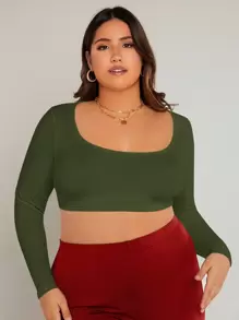 SHEIN BASICS 大碼素色大圓領短款T恤 - 軍綠色 - 查看 3