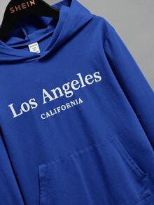 SHEIN Tween Boy Letter Graphic Kangaroo Pocket Hooded Tee - Blue - View 5