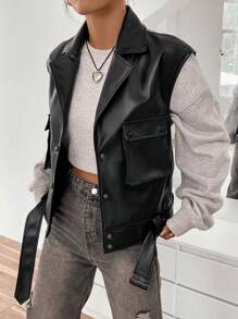 SHEIN Unity Túi có nắp Chi tiết nút buộc Da giả Áo khoác vest - màu đen - Xem 3