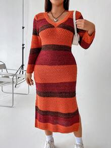 Flirla Hơn Khối màu Tách đùi Đầm Áo len - Nhiều màu - Xem 7