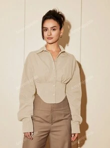 Women Solid Color Long Sleeve Waist Cinched Elegant Blouse, Casual Daily Button Down Shirt, Spring/Autumn
