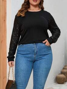 Talla grande Camiseta con lentejuela en contraste - Negro - Ver 5