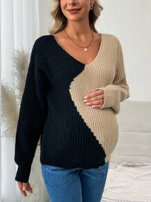 SHEIN Maternity Two Tone Drop Shoulder Sweater, For Winter - Khaki - View 4