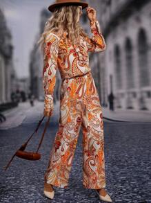 SHEIN VCAY In hoa Paisley Viền Ruffle Áo sơ mi & Quần ống rộng - trắng - Xem 5
