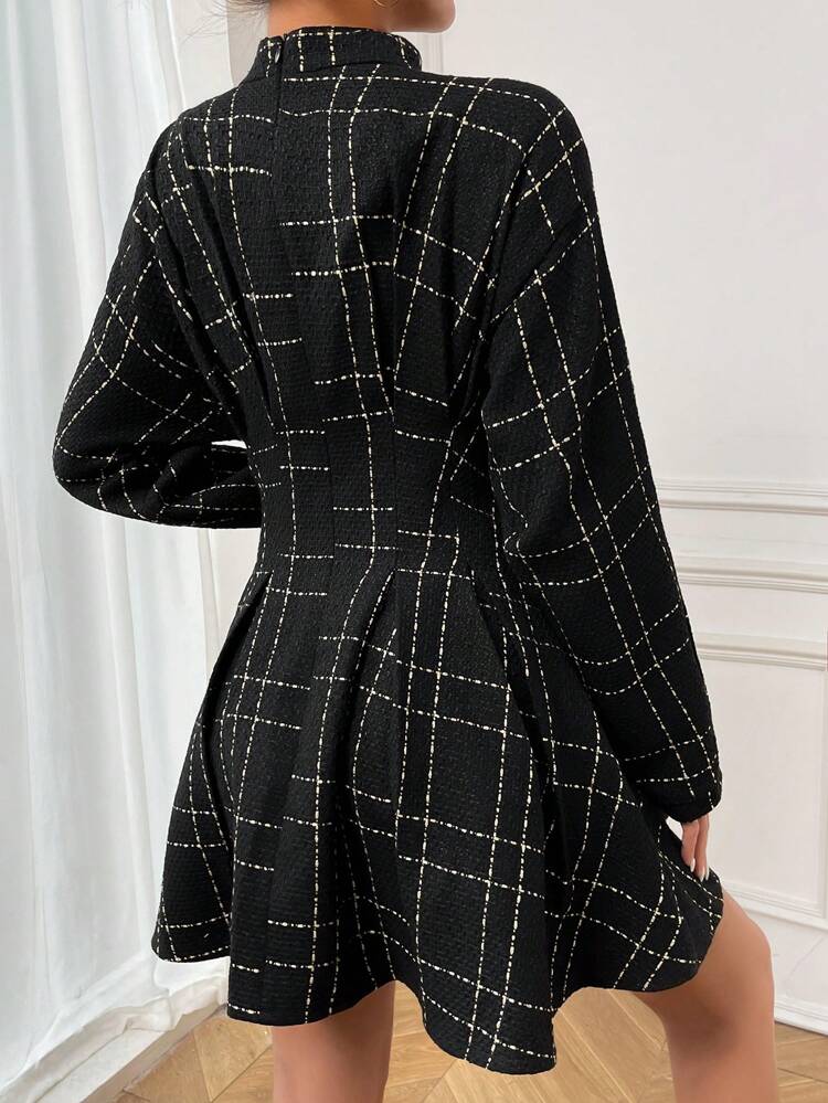 Plaid Print Mock Neck Fold Pleated Dress