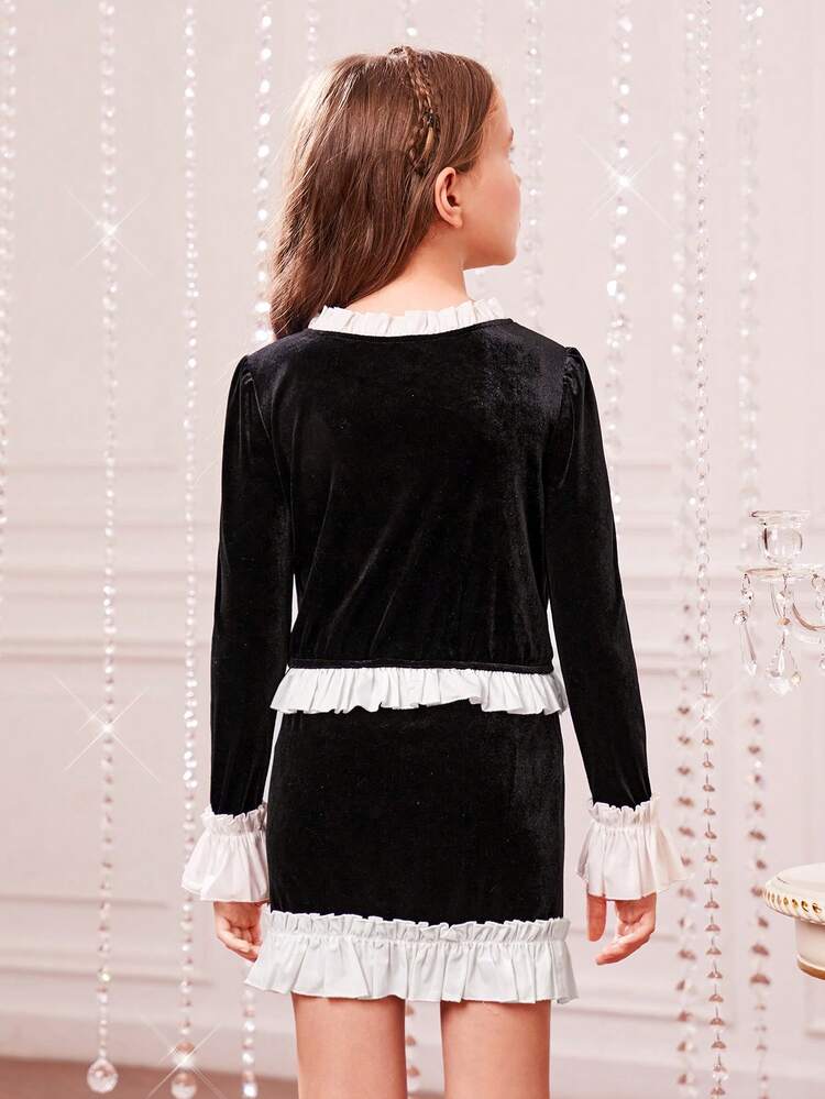 Tween Girl Contrast Ruffle Trim Flounce Sleeve Ruched Front Velvet Top & Skirt for Christmas