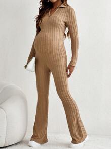 SHEIN Maternity V-collar Textured Knit Flare Leg Jumpsuit - Khaki - View 3