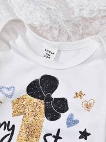 SHEIN 女嬰字母圖案連身背心&前蝴蝶結網紗覆蓋半身裙 - 黑與白 - 查看 3