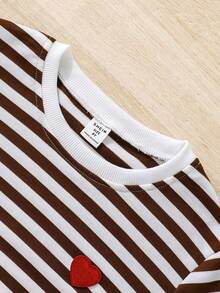 SHEIN Tween Girl Striped Print Heart Embroidery Sweatshirt - Brown - View 6