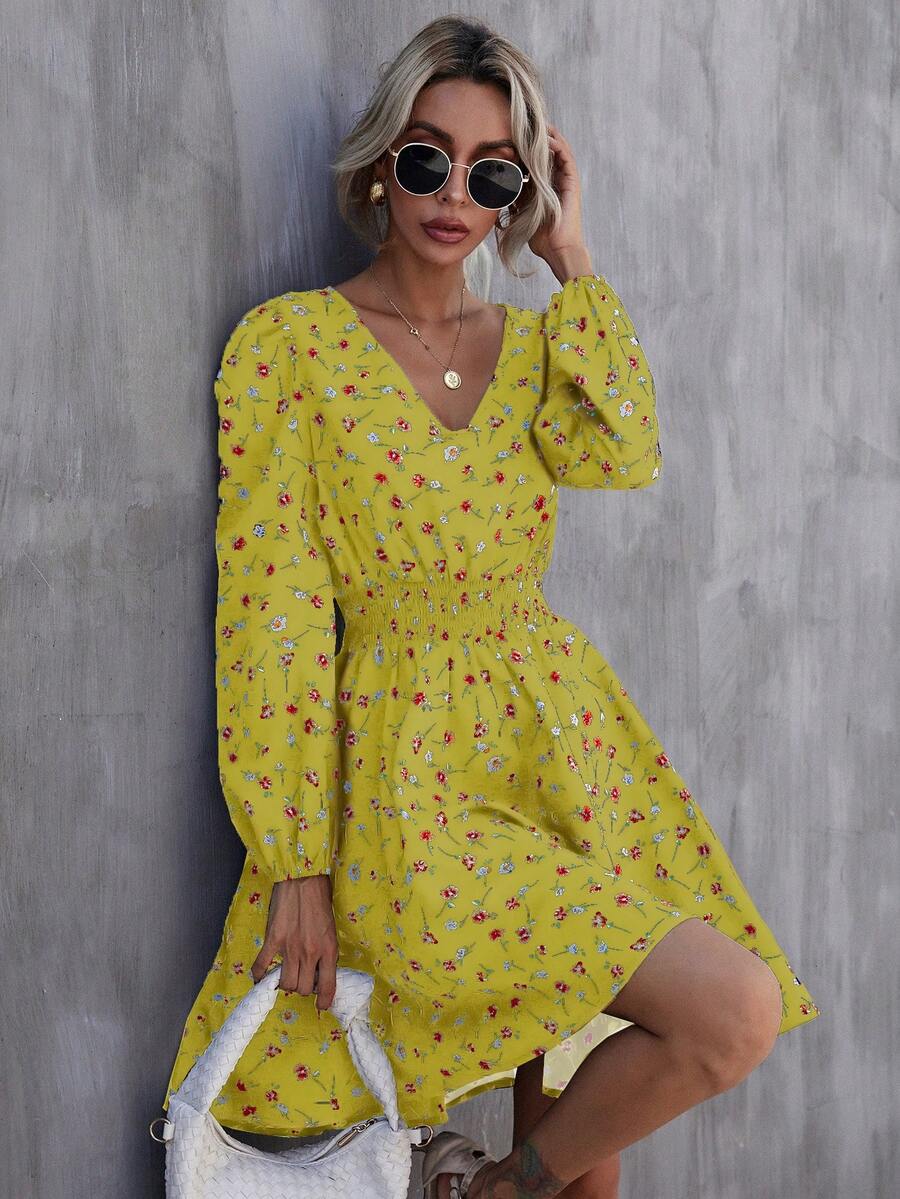 SHEIN Clasi Đầm Dải chun Họa tiết hoa Boho - Màu vàng - Xem 1