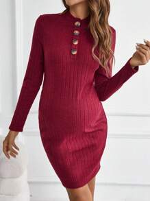 SHEIN 孕婦四分之一按鈕緊身洋裝 - 酒紅色 - 查看 4