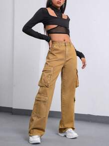 SHEIN EZwear Túi có nắp Quần jean chở hàng - Màu Khaki - Xem 3