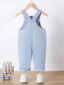 Baby Girls' Casual Loose Cone-Shaped Denim Overalls With Cute Bear Patch - Light Wash - View 2