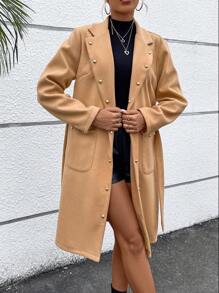Chiquease Lapel Neck Pocket Patched Button Front Belted Overcoat Fall Cloth For Women - Khaki - View 4