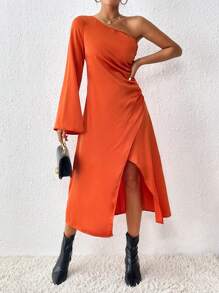 SHEIN LUNE Robe Asymétrique Manches Trompette - Orange - Voir 5