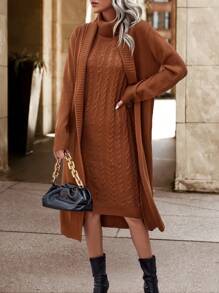SHEIN Unity Drop Shoulder Duster Cardigan & Cable Knit Sweater Dress - Rust Brown - View 1