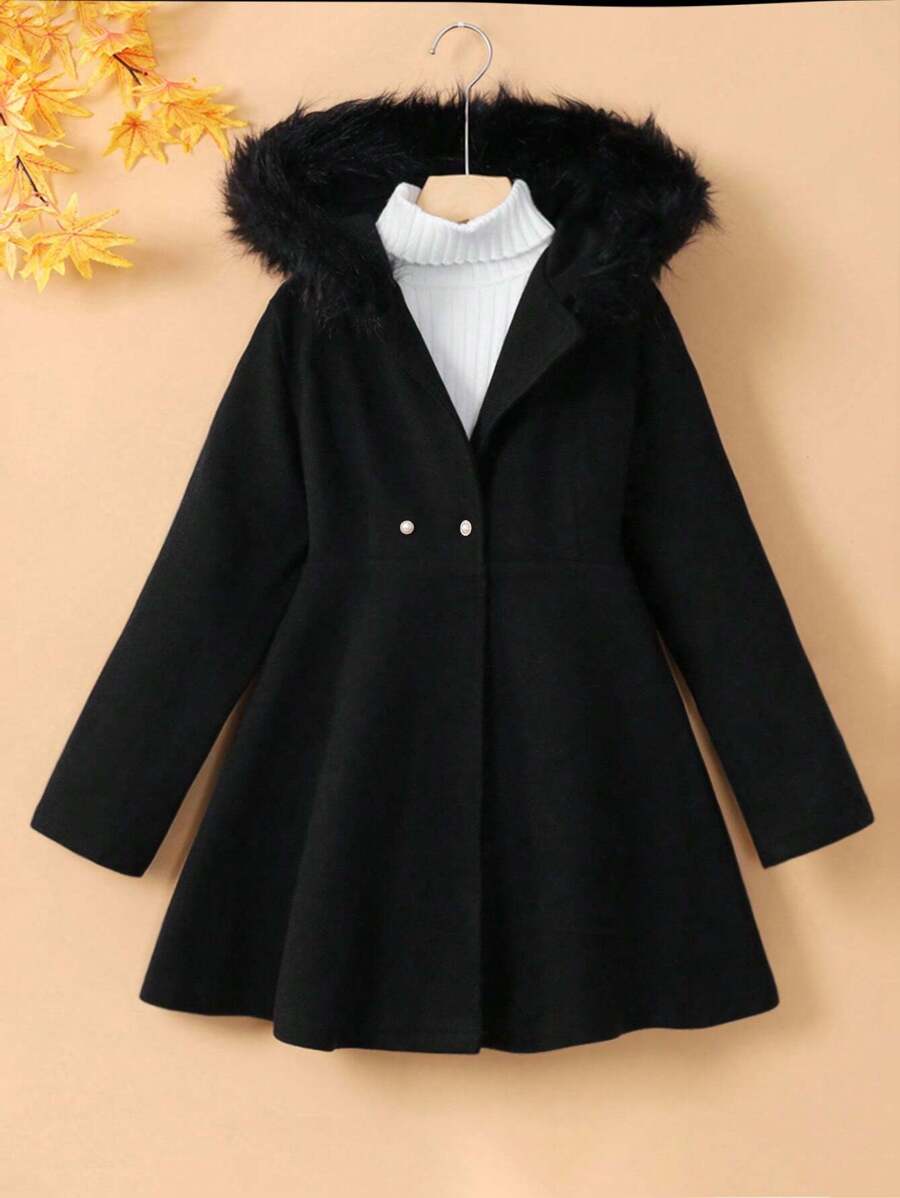 Sparklyn Tween Girl's Casual Fur Collar Waisted Woolen Coat