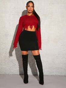 SHEIN SXY Chất rắn Đau khổ Áo len Crop - Đỏ - Xem 4