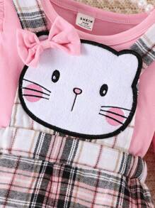 Baby Girl Ruffle Trim Tee & Plaid Print Overall Dress & Headband - Pink - View 5