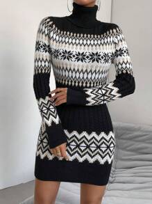 Chiquease Geo Pattern Turtleneck Sweater Dress Fall Cloth For Women - Multicolor - View 6