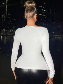 SHEIN SXY Cổ không đối xứng Mặt trước xoắn Áo thun - trắng - Xem 3