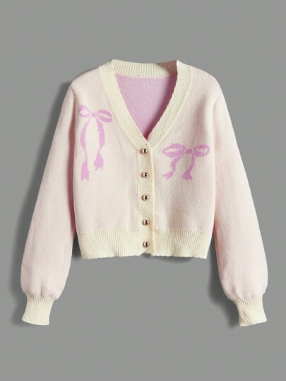 Kawaii Women'S Contrasting Trim Bowknot Print Cardigan