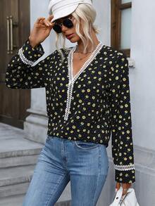 Floral Print Guipure Lace Trim Blouse - Black - View 3