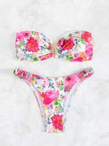 Swim Vcay Summer Beach Floral Print Bandeau Bikini Set - Multicolor - View 5