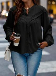 Calvaya Plus Guipure Lace Insert Lantern Sleeve Blouse - Black - View 4