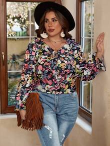 SHEIN VCAY 大碼滿版印花荷葉邊荷葉袖襯衫 - 彩色 - 查看 4