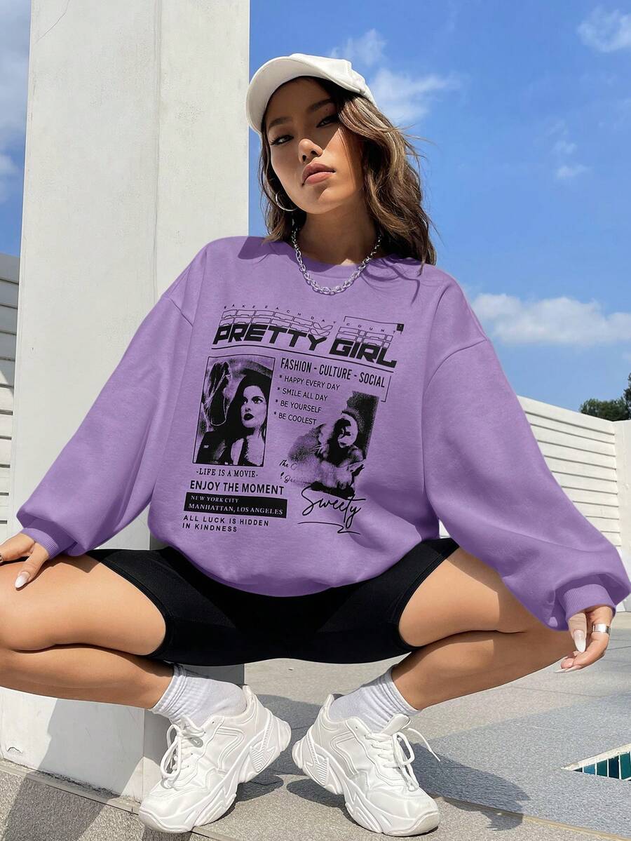 SHEIN EZwear Đồ họa Hình & Khẩu hiệu Thả vai Áo nỉ - Màu Lilac Tím - Xem 1