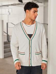 Manfinity VCAY Nam Sọc trang trí Nút phía trước Áo len Mở - trắng - Xem 3