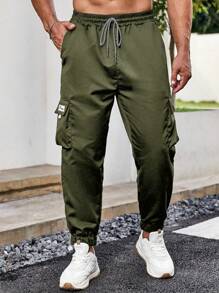 Claim Dot Plus Size Men's Loose Letter Patched Flap Pocket Drawstring Waist Cargo Pants - Army Green - View 3