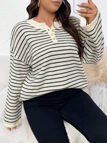 SHEIN Frenchy Hơn Mẫu sọc Nút Nửa Thả vai Áo len - Nhiều màu - Xem 5