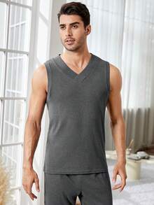Men Solid V Neck Thermal Underwear Top - Dark Grey - View 3