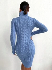 Chiquease Turtleneck Cable Knit Sweater Dress - Blue - View 2
