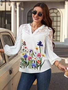 SHEIN Clasi Floral Print Contrast Mesh Lantern Sleeve Blouse - White - View 3